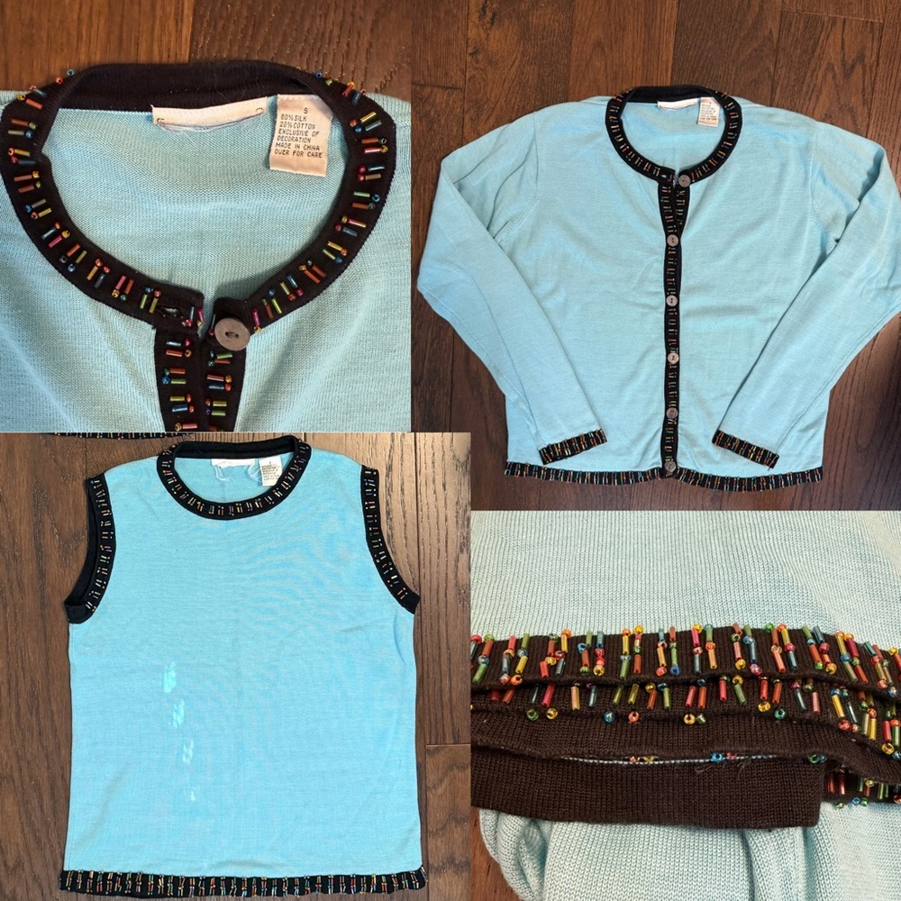 Vintage Blue Jeweled Beaded Sweater Set Silk Blend 90s Eclectic Teacher‎ Cottage